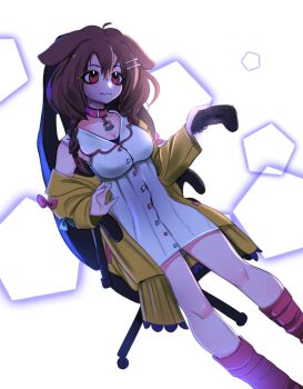 1girl absurdres animal_collar animal_ears bone_hair_ornament braid breasts brown_eyes brown_hair closed_mouth collar commentary controller dog_ears dog_girl double-parted_bangs dress english_commentary feet_out_of_frame game_controller hair_between_eyes hair_ornament hairclip highres holding holding_controller holding_game_controller hololive inugami_korone inugami_korone_(1st_costume) jacket large_breasts lerimar long_hair low_twin_braids off_shoulder open_clothes open_jacket red_collar red_socks simple_background sleeveless sleeveless_dress smile socks solo twin_braids virtual_youtuber white_background white_dress yellow_jacket