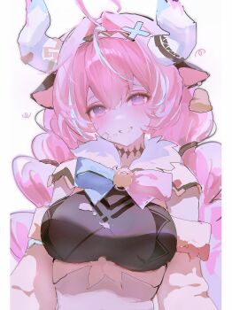 1girl 8x9_1t absurdres ahoge animal_ears blue_hair bow braid breasts cow_ears cow_girl cow_horns detached_sleeves ear_bell ear_piercing genshin_impact hair_intakes highres horns large_breasts long_hair long_sleeves looking_at_viewer multicolored_hair piercing pink_hair purple_eyes simple_background smile solo twin_braids upper_body varesa_(genshin_impact) white_background