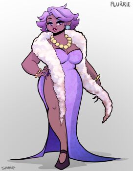 1girl artist_name breasts character_name dark-skinned_female dark_skin dress feather_boa fingernails flurrie full_body gradient_background grey_background highres humanization jewelry large_breasts mario_(series) necklace nintendo paper_mario paper_mario:_the_thousand-year_door pearl_necklace purple_eyes purple_hair sharp_fingernails smile tobyjamessharp