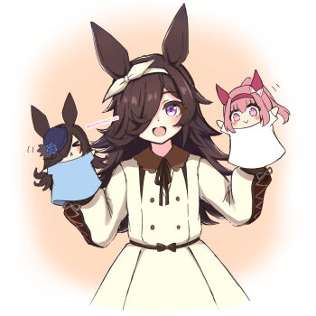 Rule 34 | > <, 1girl, animal ears, blush, bow, bow hairband, brown dress, brown hair, brown ribbon, casual, closed mouth, collared dress, commentary request, dress, ear bow, ear covers, flipped hair, flower-shaped pupils, flower in eye, hair over one eye, hairband, hand puppet, haru urara (umamusume), headband, highres, holding, horse ears, horse girl, long hair, long sleeves, looking at viewer, mottarerati zu, open mouth, pink eyes, pink hair, pink headband, ponytail, puppet, purple eyes, red headband, ribbon, rice shower (casual) (umamusume), rice shower (umamusume), smile, solo, symbol-shaped pupils, symbol in eye, umamusume, white hairband