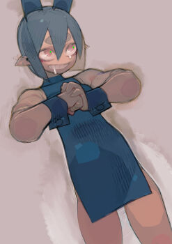 Rule 34 | 1girl, blue hair, character request, clenched hand, commentary, copyright request, pointy ears, saliva, short hair, single tear, solo, teeth, umezawa michiko