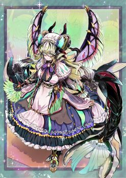 4girls absurdres apron black_hair blonde_hair blush breasts chamber_dragonmaid closed_mouth commission dragon_girl dragon_horns dragon_tail drawstring duel_monster duster feathered_wings frilled_apron frills fusion glasses green_eyes hair_between_eyes highres holding horns house_dragonmaid icarus_(2010741) lady&#039;s_dragonmaid large_breasts long_hair long_sleeves looking_at_viewer maid_apron multicolored_hair multiple_girls pixiv_commission polymerization puffy_long_sleeves puffy_sleeves smile tail very_long_hair white_apron wings yu-gi-oh!
