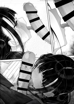 1boy 1girl bar_censor blush censored ear_piercing earrings fellatio highres jewelry kashihara_noa_(kindatsu) kindatsu licking licking_penis monochrome oral original penis piercing precum saliva sidelocks solo_focus tears tongue tongue_out two_side_up veins veiny_penis