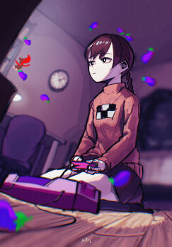 1girl absurdres black_skirt black_socks blast-7 blurry blurry_background braid brown_hair chair clock closed_mouth commentary_request controller eggplant game_console game_controller highres holding holding_controller holding_game_controller indoors long_sleeves madotsuki nasu_(yume_nikki) on_floor pink_sweater playing_games pleated_skirt sitting skirt socks solo sweater wall_clock yume_nikki