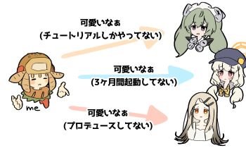 1boy 3girls aoba_(blue_archive) arrow_(symbol) artist_self-insert black_hat blonde_hair blue_archive blush bow bowtie brown_hair brown_hat newsboy_cap chibi closed_mouth corin_wickes cropped_shoulders crossover fish_hat flipped_hair gakuen_idolmaster gradient_hair green_hair halo hat highres idolmaster index_finger_raised kotenpanner_koten long_hair low_twintails multicolored_hair multiple_crossover multiple_girls open_mouth orange_eyes purple_eyes red_eyes screw_hair_ornament shinosawa_hiro simple_background small_sweatdrop smile translated twintails white_background yellow_bow yellow_bowtie zenless_zone_zero