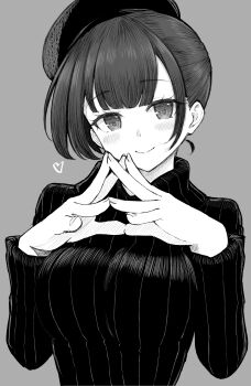 1girl absurdres beret blush breasts closed_mouth commentary_request grey_background greyscale hands_up hat heart highres large_breasts long_sleeves looking_at_viewer monochrome original ribbed_sweater short_hair simple_background smile solo steepled_fingers sweater temari_rin turtleneck turtleneck_sweater upper_body
