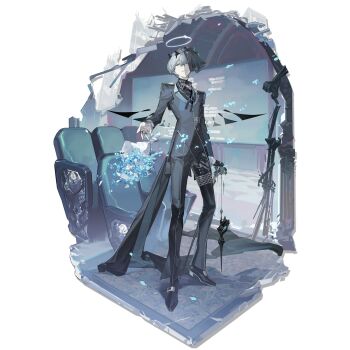 1boy aqua_theme arene_(arknights) arene_(dangerous_invitation)_(arknights) arknights bishounen detached_wings formal_clothes full_body green_eyes grey_hair grey_suit grey_theme halo highres looking_at_viewer male_focus muted_color official_alternate_costume official_art reaching reaching_towards_viewer short_hair simple_background solo standing suit third-party_source transparent_background wings yszx
