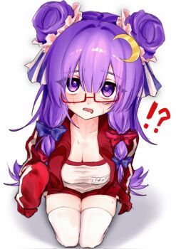 !? 1girl alternate_costume blue_bow blush bow breasts character_name cleavage commentary_request contemporary crescent crescent_hair_ornament derivative_work double_bun gym_shirt gym_shorts gym_uniform hair_bow hair_bun hair_ornament highres jacket large_breasts looking_at_viewer multiple_hair_bows name_tag open_clothes open_jacket open_mouth patchouli_knowledge purple_eyes purple_hair red_bow red_jacket red_shorts sanagi2naritai4 shirt shorts simple_background sitting solo sweat thighhighs touhou track_jacket white_background white_shirt white_thighhighs