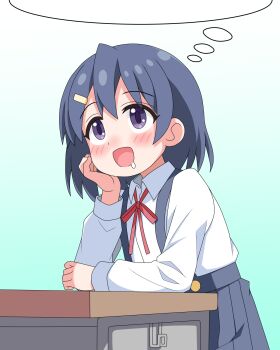 1girl :d aqua_background black_skirt blue_hair blush commentary_request desk drooling elbow_rest hair_between_eyes hair_ornament hairclip head_rest highres imagining long_sleeves medium_hair neck_ribbon onii-chan_wa_oshimai! open_mouth pleated_skirt purple_eyes red_ribbon ribbon sakuzo saliva school_desk school_uniform shirt simple_background skirt smile solo speech_bubble suspender_skirt suspenders tachikawa_aoi thought_bubble white_shirt wing_collar yotsuba_university_affiliated_junior_high_school_uniform