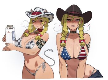 1girl absurdres alternate_costume american_flag american_flag_bikini american_flag_print animal_print bikini black_pants blonde_hair blue_eyes blush bottle braid breasts closed_mouth cow_print cow_print_bikini cow_tail cowboy_hat flag_print flag_print_bikini hat highres kitt_(pokemon) large_breasts looking_at_viewer milk milk_bottle navel nintendo pants parted_lips pokemon pokemon_champions print_bikini ratatatat74 red_hat shirt smile standing swimsuit tail twin_braids white_shirt
