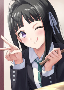1girl absurdres ahoge awa_subaru black_hair black_jacket blush closed_mouth collared_shirt commentary_request diagonal-striped_clothes diagonal-striped_necktie drumsticks film_grain girls_band_cry green_necktie hair_ribbon hands_up highres holding holding_drumsticks jacket leeshin0919 long_hair looking_at_viewer necktie one_eye_closed parted_bangs purple_eyes ribbon shirt sidelocks solo striped_clothes tongue tongue_out v white_ribbon white_shirt