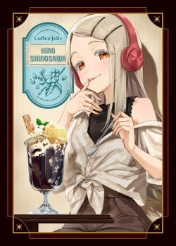 1girl black_shirt blush border brown_pants character_name closed_mouth coffee_jello collared_shirt colored_eyelashes commentary_request cowboy_shot food gakuen_idolmaster glass grey_hair grey_shirt hair_ornament hairclip hands_up headphones highres holding holding_spoon idolmaster kaiso_(kaisooekaki) licking licking_finger long_hair looking_at_viewer orange_eyes ornate_border pants parallel_hairclips parfait parted_bangs shinosawa_hiro shirt single_off_shoulder sitting sleeveless sleeveless_shirt solo spoon table tied_shirt tongue tongue_out