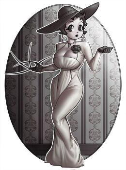 Rule 34 | 1girl, alcina dimitrescu, alcina dimitrescu (cosplay), betty boop, betty boop (character), black lips, breasts, claws, cleavage, colored skin, cosplay, dress, earrings, grey skin, hat, hoop earrings, jewelry, lipstick, makeup, ph draw, resident evil, resident evil village, short hair, white dress