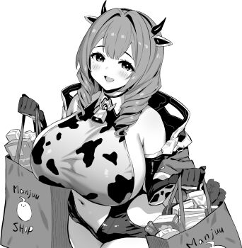1girl animal_ears animal_print azur_lane azur_lane:_slow_ahead bag bare_shoulders bell breasts coat commentary_request cow_ears cow_horns cow_print cowbell cowpens_(azur_lane) drill_hair fake_animal_ears fake_horns gloves greyscale hands_up highres holding holding_bag hori_(hori_no_su) horns huge_breasts looking_at_viewer medium_hair midriff mole mole_under_eye monochrome neck_bell open_mouth shopping_bag simple_background solo white_background