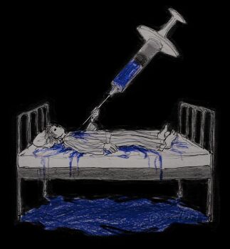1boy barefoot bed bleeding blood blue_blood floating floating_object full_body head_on_pillow highres hole_in_chest hole_on_body hospital_bed lying male_focus on_back on_bed original oversized_object pillow revol4357 short_hair solo striped_clothes syringe