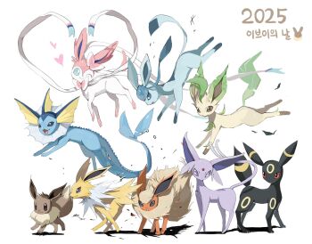 Rule 34 | 2025, :3, :o, animal focus, black eyes, black fur, blue eyes, blue fur, bow, brown eyes, brown fur, eevee, espeon, facial mark, fins, fish tail, flareon, forehead jewel, forehead mark, full body, gen 1 pokemon, gen 2 pokemon, gen 4 pokemon, gen 6 pokemon, glaceon, green fur, hashtag-only commentary, head fins, highres, jolteon, leaf, leafeon, looking at viewer, neck fur, nintendo, no humans, one eye closed, open mouth, orange fur, pink fur, pokemon, pokemon (creature), pokemon focus, purple eyes, purple fur, red eyes, ribbon, ru oo0o, sidelocks, simple background, spiked tail, standing, sylveon, tail, umbreon, vaporeon, white background, white fur, yellow fur