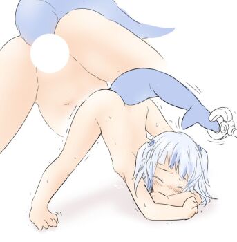 1girl barefoot blue_hair blue_tail censored closed_eyes completely_nude female_focus fins fish_tail flat_chest gawr_gura hair_ornament ham_(points) hololive hololive_english light_blue_hair loli motion_lines multicolored_hair navel nude shark_tail short_hair simple_background solo spread_legs streaked_hair tail tail_pull top-down_bottom-up two_side_up virtual_youtuber white_background