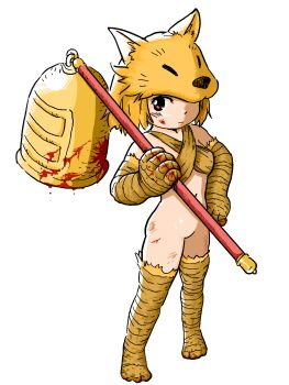 1girl bandaged_arm bandaged_leg bandages bell blood bloody_weapon bottomless bra breasts closed_mouth colorized commentary_request criss-cross_halter expressionless fox_girl fox_hat full_body halterneck highres holding holding_staff looking_at_viewer loveremi moonlight_flower navel no_pussy ragnarok_online red_eyes short_hair simple_background small_breasts solo staff tsuzuki_kazuhiko underwear weapon white_background yellow_bra