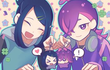 Rule 34 | !, 2girls, black hair, character charm, charm (object), closed eyes, closed mouth, clover, dot (pokemon), freckles, hair ornament, hair over one eye, hairclip, hashtag-only commentary, headphones, headphones around neck, heart, highres, holding, holding charm, jacket, liko (pokemon), long sleeves, looking at another, medium hair, miao69401820, multicolored hair, multiple girls, nintendo, open mouth, pink hair, pokemon, pokemon (anime), pokemon horizons, purple eyes, purple hair, purple jacket, short hair, smile, spoken exclamation mark, spoken heart, two-tone hair