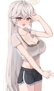 1girl absurdres ahoge alternate_costume alternate_hairstyle black_bra black_shorts blue_archive blush bra breasts cleavage collarbone commentary_request earrings eri_(blue_archive) grey_hair hair_between_eyes halo highres jewelry long_hair open_mouth orange_eyes orange_halo rate_aato shirt short_shorts shorts simple_background smile straight_hair thighs underwear very_long_hair white_background white_shirt