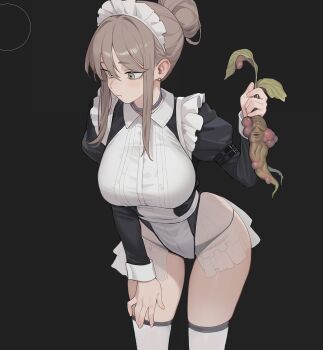 1girl arm_strap black_panties breasts brown_hair choker closed_mouth collared_shirt earrings frills grey_choker grey_eyes hair_bun hand_on_own_thigh highleg highleg_leotard highres jaejae jewelry juliet_sleeves large_breasts leaf leaning_forward leotard long_sleeves maid maid_headdress mandrake original panties puffy_sleeves see-through_clothes shirt sidelocks solo stud_earrings thighhighs underwear wrist_cuffs