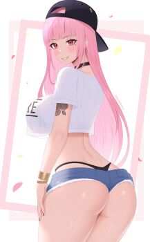 1girl absurdres backwards_hat baseball_cap black_choker black_hat black_nails black_panties blacksaikou blue_shorts blush breasts choker commentary english_commentary hat highres hololive hololive_english large_breasts long_hair looking_at_viewer mole mole_under_eye mori_calliope panties parted_lips pink_hair shirt short_shorts shorts smile solo standing underwear virtual_youtuber white_shirt