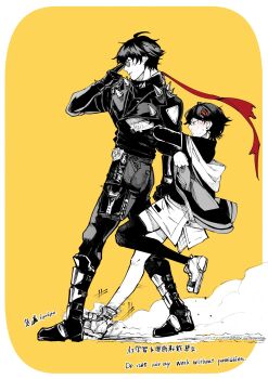 03_kyv 1boy 1girl ahoge anger_vein belle_(zenless_zone_zero) black_pants black_shirt black_thighhighs full_body hair_ornament highres jacket leather leather_jacket letter_hair_ornament lighter_(zenless_zone_zero) open_clothes open_jacket pants red_scarf scarf shirt short_hair shoulder_spikes single_thighhigh spiked_jacket spikes studded_gloves sunglasses thighhighs yellow_background zenless_zone_zero