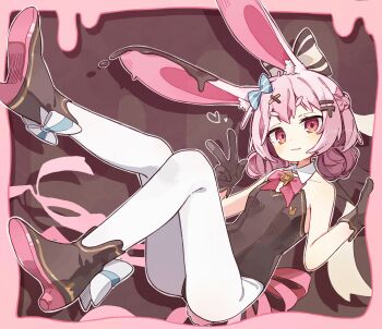 Rule 34 | 1girl, :3, absurdres, animal ear fluff, animal ears, artist name, back bow, bare arms, bare shoulders, blue bow, blush, border, bow, bowtie, braid, brown bow, brown gloves, brown leotard, brown shoes, bunny day, closed mouth, collarbone, commentary, detached collar, dot nose, double-parted bangs, foot up, footwear bow, full body, gloves, gold trim, hair between eyes, hair bow, hair ornament, hairclip, half up braid, hand up, hands up, heart, highleg, highleg leotard, highres, huge bow, knees up, komerina, leotard, looking at viewer, medium hair, multicolored bow, multiple hair bows, original, outside border, pantyhose, parallel hairclips, pink background, pink border, pink bow, pink bowtie, pink eyes, pink hair, pink tail, playboy bunny, rabbit ears, rabbit girl, rabbit tail, reclining, shoes, sidelocks, smile, solo, strapless, strapless leotard, striped bow, tail, thick eyebrows, two-tone bow, v, white bow, white pantyhose, x hair ornament