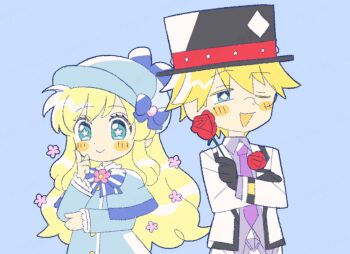 Rule 34 | 1boy, 1girl, blonde hair, blue background, blue eyes, blush stickers, collared shirt, cordelia glauca, deerstalker, detective, diamond-shaped pupils, diamond (shape), finger to cheek, flower, flower-shaped pupils, formal clothes, gloves, hat, holding, holding flower, long hair, long sleeves, mole, mole under eye, monocle, necktie, one eye closed, open mouth, rose, shirt, short hair, smile, suit, symbol-shaped pupils, tantei opera milky holmes, top hat, tsunoji, twenty (milky holmes)