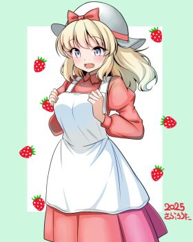 Rule 34 | 2025, blonde hair, blue eyes, blush, border, bow, breasts, chou makaimura, commentary request, dress, fang, food, fruit, genderswap, genderswap (mtf), green border, hand on own chest, hat, medium breasts, open mouth, pink bow, pink dress, pink ribbon, ribbon, saburouta (hox-666), sir arthur (makaimura), strawberry, wavy mouth, white hat