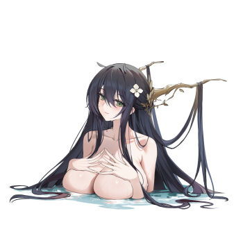 1girl absurdly_long_hair absurdres antlers azur_lane black_hair breasts genera-x hair_on_horn hair_spread_out highres horns indomitable_(azur_lane) large_breasts long_hair simple_background solo upper_body very_long_hair white_background