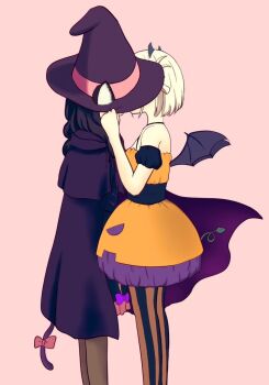 2girls animal_ears black_hair black_pantyhose blonde_hair cape capelet cat_ears commentary_request demon_horns demon_wings dress halloween hat horns implied_kiss inoue_takina lycoris_recoil multiple_girls nishikigi_chisato off-shoulder_dress off_shoulder orange_dress pantyhose pink_background purple_cape purple_capelet short_hair simple_background striped_clothes striped_pantyhose wings witch_hat yukiyama3776m yuri