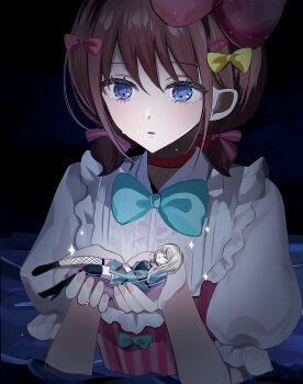 2girls black_thighhighs blue_bow blue_bowtie blue_eyes blue_jacket bow bowtie brown_hair choker commentary crying crying_with_eyes_open fishnet_thighhighs fishnets girls_band_cry grey_hair hair_bow hair_ornament hairclip hamchan69 highres holding holding_mini_person iseri_nina jacket kawaragi_momoka koe_naki_sakana long_hair low_twintails mini_person miniskirt mismatched_thighhighs multiple_girls open_mouth parted_lips puffy_short_sleeves puffy_sleeves red_bow red_choker shirt short_hair short_sleeves short_twintails skirt sparkle tears thighhighs twintails white_shirt yellow_bow