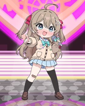 1girl absurdres ahoge aqua_bow aqua_bowtie asymmetrical_legwear bandaid bandaid_on_knee bandaid_on_leg blue_eyes blue_skirt bow bowtie brown_hair brown_shoes cardigan chibi commentary concert english_commentary full_body hair_between_eyes hair_ornament hair_ribbon heart heart_hair_ornament highres holding holding_microphone loafers long_hair long_sleeves mantisprayer22 microphone miniskirt neuro-sama open_mouth pleated_skirt red_ribbon ribbon shoes single_sock single_thighhigh skirt socks solo stage teardrop thighhighs two_side_up uneven_legwear vedal_ai virtual_youtuber yellow_cardigan