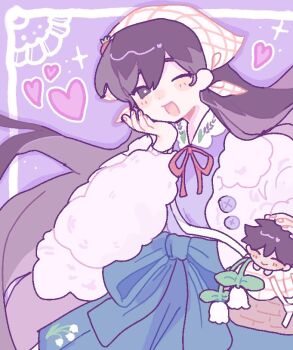 1girl bag black_eyes black_hair blue_skirt blush bright_pupils character_doll doll handbag hapr_(noneprice) headscarf heart hero_(faraway)_(omori) hero_(omori) jacket long_hair long_sleeves looking_at_viewer mari_(birthday)_(omori) mari_(faraway)_(omori) mari_(omori) omori one_eye_closed open_mouth skirt smile solo stuffed_toy white_headscarf white_jacket white_pupils