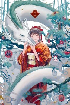 Rule 34 | 1girl, 2025, aegyo sal, alternate costume, arrow (projectile), bamboo, bamboo forest, brown eyes, brown hair, chinese zodiac, commentary request, daruma doll, dated, disembodied hand, dragon, eastern dragon, ema, floral print, floral print kimono, flower, folding fan, forest, furisode, hair ribbon, haku (sen to chihiro no kamikakushi), half-closed eyes, hand fan, hand on animal, happy new year, hareko sun, highres, japanese clothes, japanese flag, kettle, kikumon, kimono, kouhaku nawa, lantern, long sleeves, looking at viewer, nature, new year, obi, obiage, obijime, ogino chihiro, omikuji, open mouth, orange kimono, paper fan, paper lantern, pine tree, ponytail, print kimono, print sash, red ribbon, ribbon, rope, sash, sen to chihiro no kamikakushi, shide, shimekazari, shimenawa, sidelocks, smile, studio ghibli, teeth, tied omikuji, tree, upper teeth only, white dragon, white flower, wide sleeves, yellow sash, yubaba