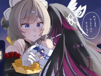 2girls absurdres bare_shoulders black_hair blue_eyes columbina_(genshin_impact) commentary_request dress genshin_impact gloves grey_hair hand_on_another's_shoulder highres hug long_hair multicolored_hair multiple_girls off-shoulder_dress off_shoulder parted_lips purple_streaks sandrone_(genshin_impact) speech_bubble streaked_hair suke_nnn sweat translation_request twitter_username white_gloves yuri