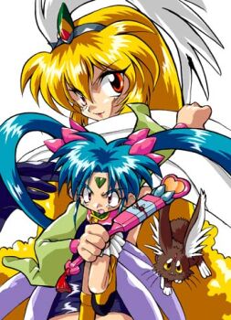 Rule 34 | 2girls, bad id, black gloves, black hairband, blonde hair, blue hair, cape, creature, facial mark, feather hair ornament, feathers, forehead mark, gloves, hair ornament, hairband, heart wand, holding, holding wand, kawai sasami, leg up, long hair, lowres, mahou shoujo pretty sammy, masaki sasami jurai, multiple girls, open mouth, orange eyes, pixy misa, pleated skirt, pretty sammy (character), ryou-ouki, shiro nishiki (maze-ex), simple background, skirt, standing, standing on one leg, tenchi muyou!, twintails, v-shaped eyebrows, wand, white background, white cape, white feathers, white skirt, wide sleeves