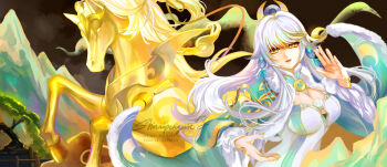 1girl artist_name blunt_bangs breasts chinese_clothes cleavage commentary crescent crescent_hair_ornament dress genshin_impact grey_hair hair_ornament hands_up head_tilt high_ponytail highres horse jewelry large_breasts long_sleeves looking_at_viewer multicolored_eyes multicolored_hair orange_eyes outdoors parted_lips pixiv_username ponytail red_lips shaded_face shinaipenguin solo upper_body wide_sleeves zibai_(genshin_impact)