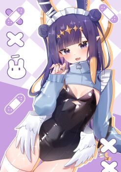 Rule 34 | 1girl, 8 nana usagi, alternate costume, animal ears, black leotard, blue shrug, blunt bangs, blush, breasts, commentary, covered navel, cowboy shot, double bun, fang, feathered wings, hair bun, halo, hand up, highleg, highleg leotard, highres, hololive, hololive english, leotard, long hair, long sleeves, looking at viewer, low wings, maid headdress, ninomae ina'nis, open mouth, playboy bunny, pointy ears, purple eyes, purple hair, rabbit ears, shrug (clothing), skin fang, sleeves past wrists, small breasts, solo, strapless, strapless leotard, symbol-only commentary, tentacle hair, thighhighs, white thighhighs, white wings, wings, yellow halo