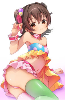 1girl akagi_miria ass bare_shoulders blush breasts brown_eyes brown_hair crop_top idolmaster idolmaster_cinderella_girls looking_at_viewer miniskirt navel panties pink_panties skirt small_breasts smile solo thighhighs two_side_up underwear zero7shi