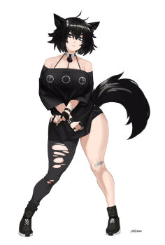 1girl androgynous animal_ears bandaid bare_shoulders blue_eyes bracelet breasts choker collarbone full_body ginjimayoshima goth_fashion highres jewelry large_breasts looking_at_viewer messy_hair raine_(zana) ring shoes short_hair shorts slit solo tail thick_eyebrows thick_thighs thighs white_background wolf_ears wolf_girl wolf_tail