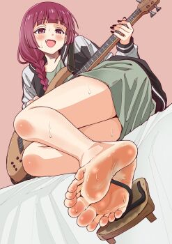 1girl arched_back asikoma7777 bare_legs barefoot bed_sheet black_nails blush bocchi_the_rock! braid braided_ponytail dress fang feet foot_focus footprints full_body geta green_dress guitar hair_over_shoulder highres hiroi_kikuri holding instrument jacket large_variant_set legs looking_at_viewer open_clothes open_jacket open_mouth pink_background purple_eyes purple_hair sandals short_dress single_sandal soles solo sweat toes variant_set