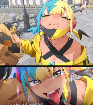 beedrill beedrill_string_shot_(meme) blonde_hair blue_eyes blue_hair blush breasts canari_(pokemon) coat dedenne depressed emma_(pokemon) english_text espurr face_mask fainted gen_1_pokemon gen_6_pokemon gloves khyle. mask medium_breasts mega_stone meme multicolored_hair nintendo open_mouth piercing pokemon pov suspenders teeth tongue tongue_out tongue_piercing two-tone_hair