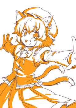 1girl :3 absurdres animal_ear_fluff animal_ear_piercing animal_ears bell cat_ears cat_tail chen commentary cowboy_shot earrings fang hat highres hoop_earrings jewelry juliet_sleeves long_sleeves looking_at_viewer medium_hair mob_cap monochrome multiple_tails neck_bell nekomata oninamako open_mouth orange_theme outstretched_arms puffy_sleeves single_earring skirt smile solo spread_arms tail touhou two_tails vest