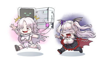 2girls :3 amputee bandages bat_hair_ornament black_cape breasts brown_eyes cape chasing chibi draculina_(last_origin) drooling dryseaweed fake_horns fangs hair_ornament highres horns hospital_gown large_breasts last_origin long_hair monitor mouth_drool multiple_girls one_eye_closed oxygen_mask pointy_ears shoes simple_background single_shoe stitched_arm stitched_leg stitches sweatdrop toy_airplane two_side_up vampire vampire_costume white_hair wistar_(last_origin)