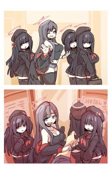 1boy 2koma 4girls ascot assertive_female bare_shoulders beret black_choker black_dress black_hair black_hat black_jacket black_thighhighs blue_archive blue_eyes blush breasts choker comic crop_top denim denim_shorts dress grabbing_another&#039;s_arm hair_ornament hair_over_eyes hair_ribbon hairclip halo hat hotel huge_breasts ichika_(blue_archive) jacket justice_task_force_member_(blue_archive) large_breasts long_hair mabufuyo multiple_girls navel off-shoulder_jacket off_shoulder one_eye_closed open_mouth outdoors pink_halo red_ascot red_eyes red_ribbon ribbon short_shorts shorts sidelocks smile tank_top teeth thick_thighs thighhighs thighs waving wide_hips wink