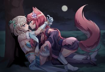 2girls absurdres animal_ears armored_boots artist_request blonde_hair blue_eyes blush boots braid commission commissioner_upload crown_braid embarrassed fox_ears fox_girl fox_tail gauntlets grabbing_another&#039;s_chin hand_on_another&#039;s_chin highres in-franchise_crossover japanese_clothes juniper_(sakura_fox_adventure) kimono knight moon multiple_girls night non-web_source on_ground pink_hair sakura_dungeon sakura_fox_adventure sweat tail thighhighs tree yomi_(sakura_dungeon) yuri