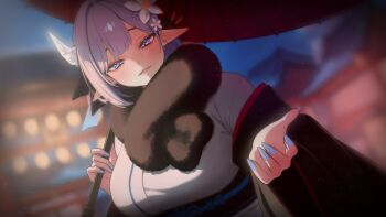 1girl blue_nails blurry blurry_background breasts flower grey_horns hair_flower hair_ornament halo_sweety halo_sweety_(artist) hashtag-only_commentary highres holding holding_umbrella horns indie_virtual_youtuber japanese_clothes kimono mole mole_under_eye pointy_ears purple_eyes reaching reaching_towards_viewer single_horn solo umbrella upper_body virtual_youtuber white_flower white_kimono wide_sleeves