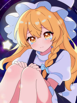 1girl absurdres black_hat black_skirt black_vest blonde_hair bow braid broken_heart frilled_hat frilled_skirt frills hair_bow hand_on_own_knee hat heart highres kirisame_marisa long_hair puffy_short_sleeves puffy_sleeves qing_zhanglao sad shirt short_sleeves side_braid skirt solo star_(sky) starry_sky_background tears touhou vest white_bow white_shirt witch_hat yellow_eyes